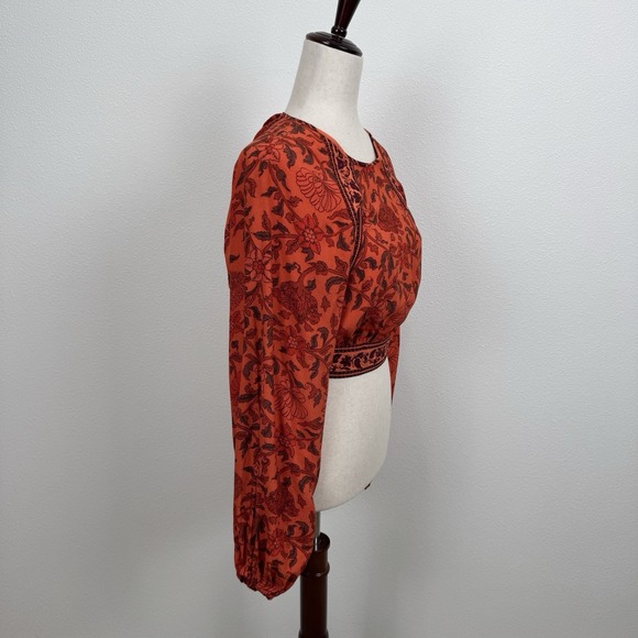 Urban Outfitters Top Womens S Orange Floral Cropped Bell Sleeve Indie Boho Fall - Picture 6 of 12